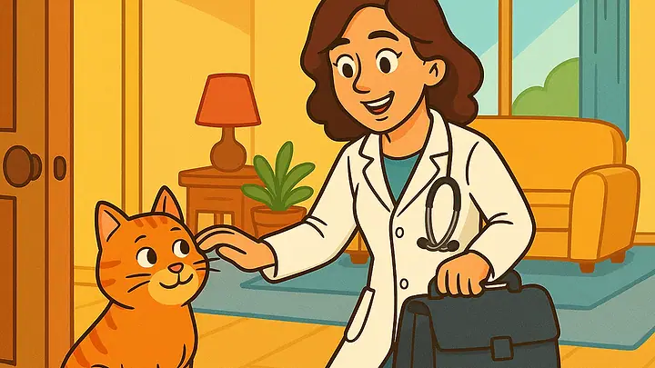Ilustração de uma veterinária chegando com a maleta e fazendo carinho em um gato laranja na sala