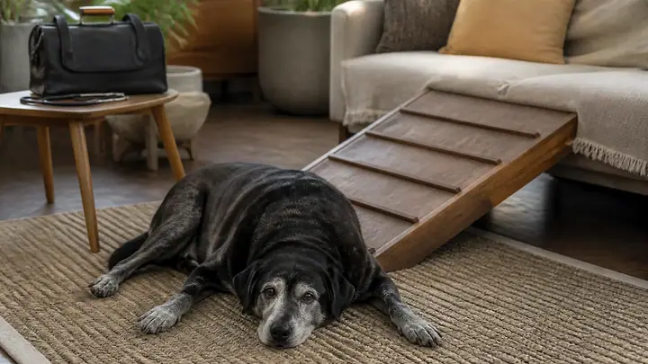 Cachorro idoso deitado no tapete da sala, ao lado de uma rampa de acesso ao sofá e da maleta da veterinária