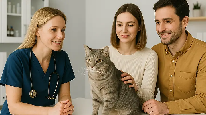 Veterinária conversando com um casal de tutores e o gato cinza deles