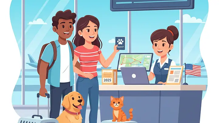 Ilustração de um casal com cachorro e gato e suas caixas de transporte no balcão de embarque de um voo para os Estados Unidos