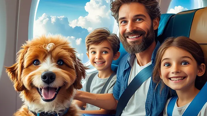 Família sorrindo na poltrona de um avião ao lado de um cachorro de pelo caramelo encaracolado