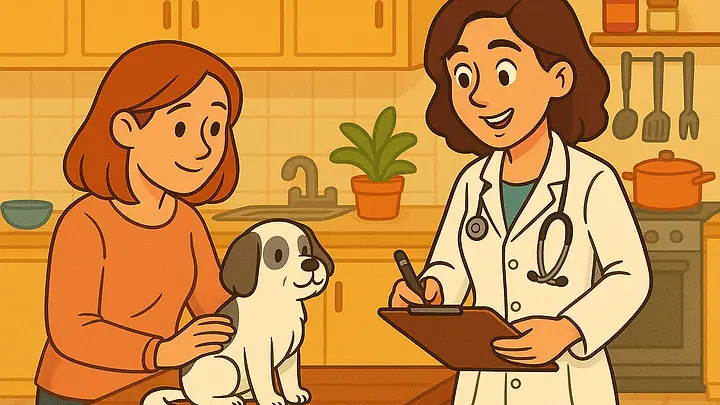 Ilustração de uma veterinária anotando a consulta na cozinha de casa, ao lado da tutora com um filhote sobre a mesa