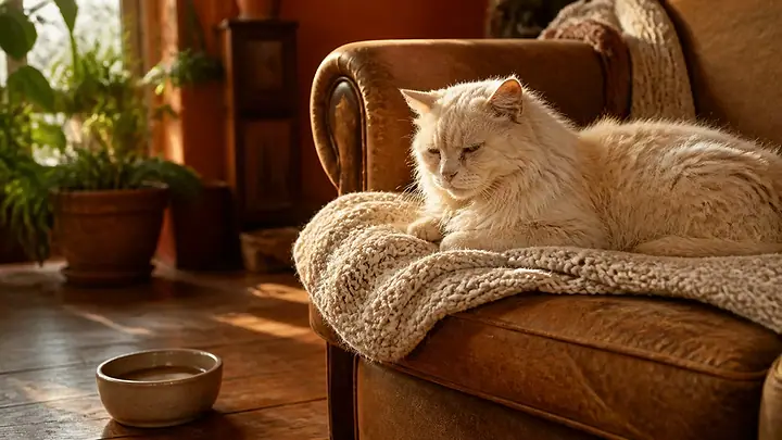 Gato idoso de pelo longo descansando sobre uma manta de tricô na poltrona, com o pote de água ao lado