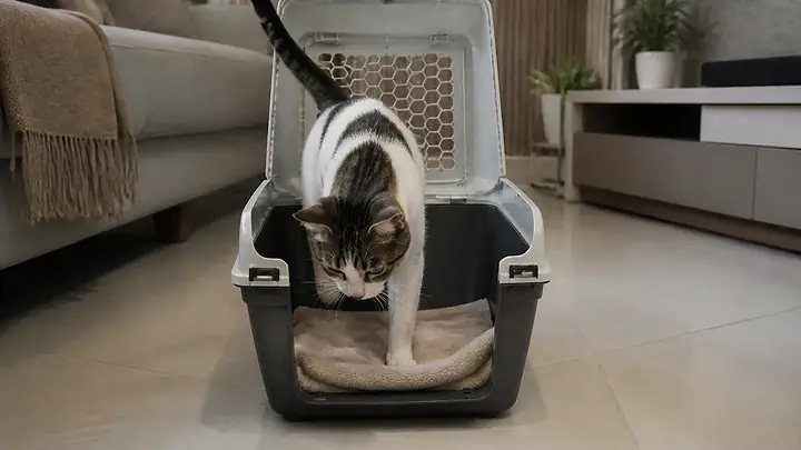 Gato dentro de uma caixa de transporte aberta, com manta, no chão da sala