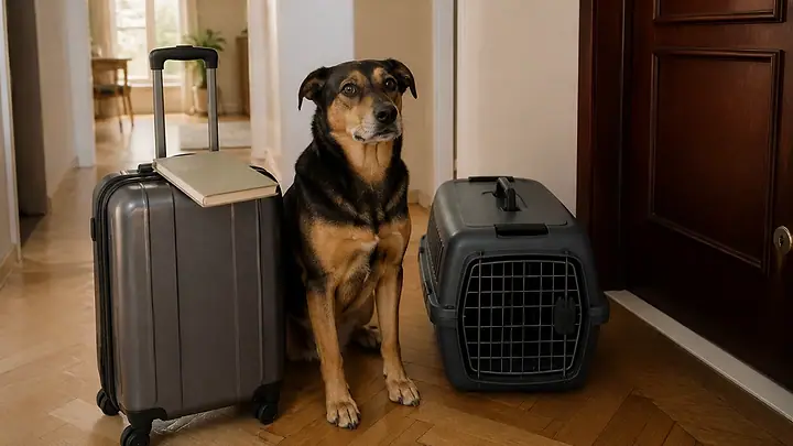 Cachorro sentado ao lado de uma mala de viagem e de uma caixa de transporte, perto da porta de casa