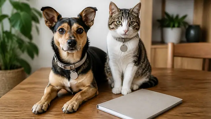 Cachorro e gato sentados lado a lado numa mesa de madeira, com coleiras e plaquinhas de identificação