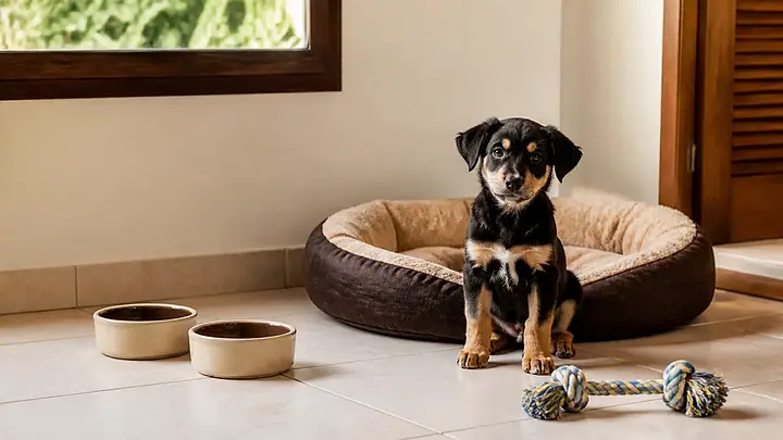 Filhote de cachorro sentado no cantinho dele, com caminha, potes de cerâmica e brinquedo de corda