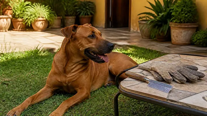 Cachorro deitado na grama do quintal, com pente fino e luvas sobre a mesa de jardim