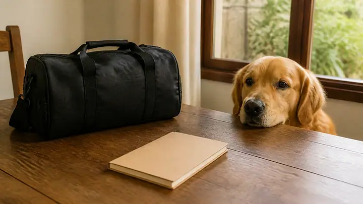 Cachorro apoiando o queixo na mesa, ao lado da maleta da veterinária e da caderneta de vacinação