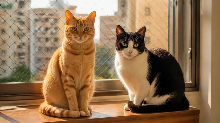 Dois gatos sentados lado a lado no peitoril de uma janela telada