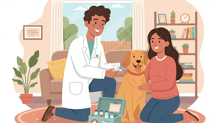 Ilustração de um veterinário aplicando a vacina em um golden retriever no tapete da sala, com a tutora abraçando o cão