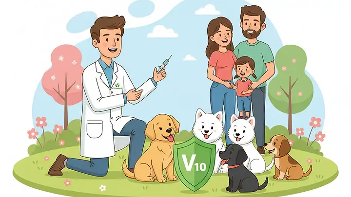 Ilustração de um veterinário com a vacina, cães e uma família ao lado de um escudo escrito V10