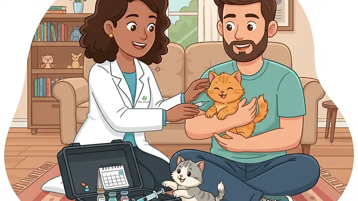 Ilustração de uma veterinária vacinando um gatinho laranja no colo do tutor, com outro filhote brincando perto da maleta de vacinas