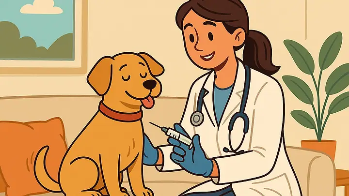 Ilustração de uma veterinária de luvas aplicando a vacina em um cachorro caramelo sentado no sofá de casa