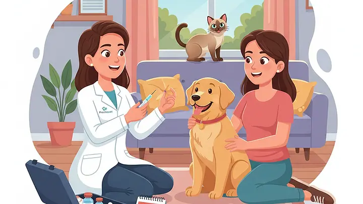 Ilustração de uma veterinária vacinando um golden retriever na sala, com a tutora ao lado e um gato siamês no encosto do sofá