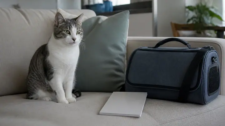 Gato cinza e branco sentado no sofá, ao lado da bolsa de transporte e da caderneta de vacinação