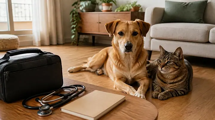 Cachorro e gato deitados no piso da sala, ao lado da maleta, do estetoscópio e da caderneta de vacinação da veterinária
